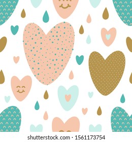Romantic seamless pattern with freehand happy hearts, drops and phrase love. Valentine's Day texture. Creative hand drawn teenage textile, wrapping, wallpaper and apparel design idea.
