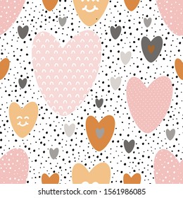 Romantic seamless pattern with freehand happy hearts, dots and phrase love. Valentine's Day texture. Creative hand drawn 