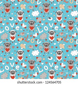 Romantic seamless pattern with funny cartoon animals