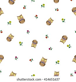 Romantic seamless pattern with funny owls and flowers, vector