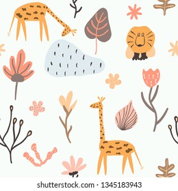 Romantic seamless pattern with giraffe, lion and stylish flowers.  Cartoon giraffe and lion vector illustration in scandinavian style. Great for fabric, textile.
