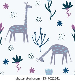 Romantic seamless pattern with giraffe and stylish flowers.  Cartoon giraffe vector illustration in scandinavian style. Great for fabric, textile.