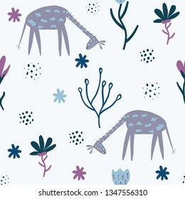 Romantic seamless pattern with giraffe and stylish flowers.  Cartoon giraffe vector illustration in scandinavian style. Great for fabric, textile.