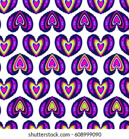 Romantic seamless pattern for girls, textile, wrapping paper. Love repeated backdrop on white background with colorful hearts. Girlish bright wallpaper.