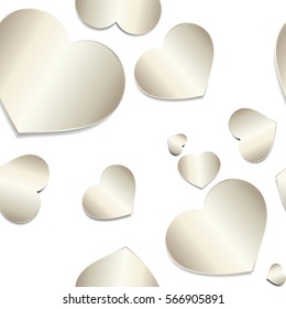 Romantic seamless pattern with glossy metal silver hearts with shadow  on white background.