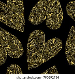 Romantic seamless pattern with golden doodle hearts.