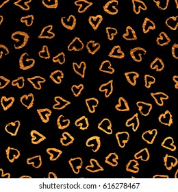 Romantic seamless pattern with golden print of pretty hearts. Shiny artistic  vector illustration. Bright glow freehand glitter and white wrapping. Black and gold colors.