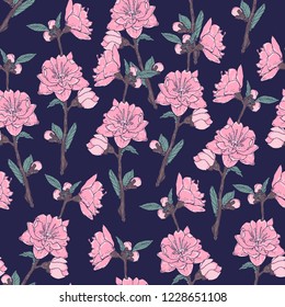 Romantic seamless pattern with gorgeous blooming garden flowers on dark background. Natural realistic vector illustration in elegant antique style for wrapping paper, wallpaper, textile print.