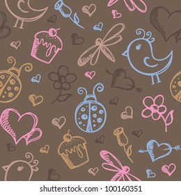 romantic seamless pattern with hand drawn elements