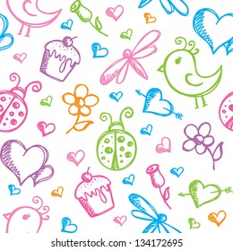 romantic seamless pattern with hand drawn elements