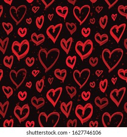 Romantic seamless pattern with hand drawn hearts. Valentine's day background with red heart shapes on black backdrop. Love theme. Doodle style illustration. Cute repeat design for decor, wallpaper