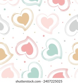 Romantic seamless pattern with hand drawn pastel hearts on white background. Cute Love design for Valentines Day greeting card, scrapbooking, paper goods, background, wrapping, fabric and more. 