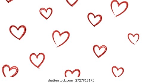 Romántico patrón sin fisuras de corazón rojo dibujado a mano contornos con una sensación ligeramente incompleta y artística sobre un fondo blanco limpio para la boda.