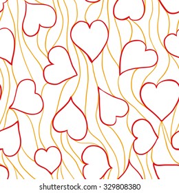 Romantic seamless pattern. Hand drawn ornament with red hearts and orange wavy lines on white background. Valentine's Day decor