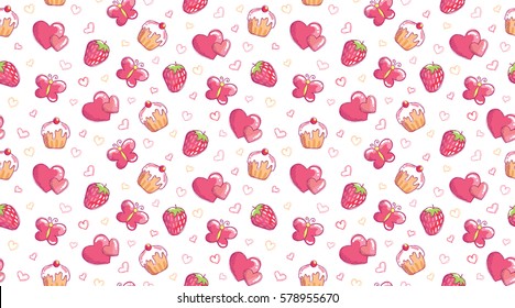 romantic seamless pattern with hand drawn cake, heart, strawberry and butterfly