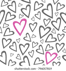 Romantic seamless pattern with hand drawn grey and pink hearts on a white background . Best choice for wedding or Valentine Day greeting cards and invitation, textile, print or wrapping paper.