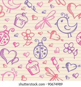 romantic seamless pattern with hand drawn elements