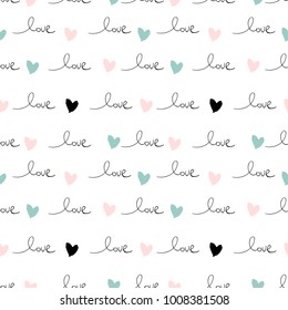 Romantic Seamless Pattern with hand written words Love and ink hearts on pink. Happy Valentine's Day concept vector illustration trendy design. Backdrop for wrapping paper, invitations, greeting cards