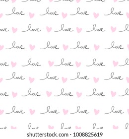 Romantic Seamless Pattern with hand written words Love and ink hearts on pink. Happy Valentine's Day concept vector illustration trendy design. Backdrop for wrapping paper, invitations, greeting cards