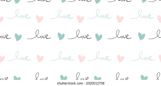 Romantic Seamless Pattern with hand written words Love and ink hearts on pink. Happy Valentine's Day concept vector illustration trendy design. Backdrop for wrapping paper, invitations, greeting cards