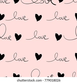 Romantic Seamless Pattern with hand written words Love and ink hearts on pink. Happy Valentine's Day concept vector illustration trendy design. Backdrop for wrapping paper, invitations, greeting cards