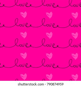 Romantic Seamless Pattern with hand written words Love and ink hearts on pink. Happy Valentine's Day concept vector illustration trendy design. Backdrop for wrapping paper, invitations, greeting cards