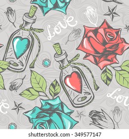 Romantic seamless pattern with hand-drawn elements. Valentine's Day print design.
