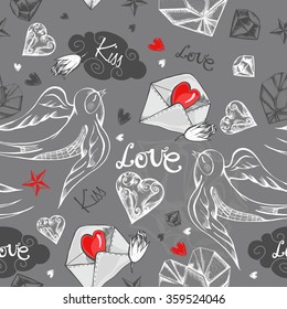 Romantic seamless pattern with hand-drawn elements. Valentine's Day print design.
