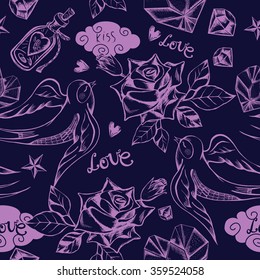 Romantic seamless pattern with hand-drawn elements. Valentine's Day print design.