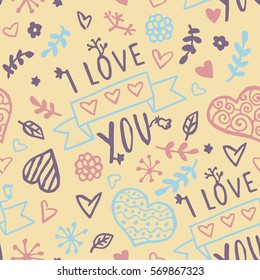 Romantic seamless pattern with hand-drawn hearts, plants, flowers, spiral, stripes. I love you hand lettering. Can be used for wrapping paper, wedding invitation. Valentine's Day vector illustration.