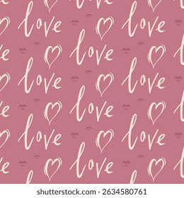 Romantic seamless pattern with handwritten "love" lettering and heart doodles. Perfect for Valentine's Day wrapping paper, greeting cards, fabric and romantic projects
