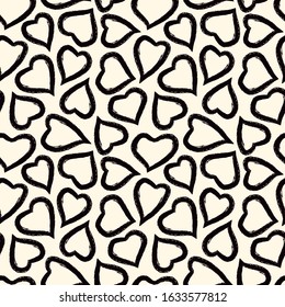 Romantic seamless pattern. Happy Valentine's day, wedding, sweet love concept background. Freehand hearts surface print. Brush design texture. Handdrawn doodle ornament. Vector abstract wallpaper