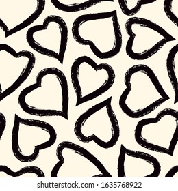 Romantic seamless pattern. Happy Valentine's day, wedding, sweet love concept background. Freehand hearts surface print. Brush design texture. Handdrawn doodle ornament. Vector abstract wallpaper