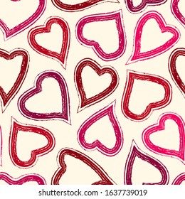 Romantic seamless pattern. Happy Valentine's day, wedding, sweet love concept background. Freehand hearts surface print. Brush design texture. Handdrawn doodle ornament. Vector abstract wallpaper