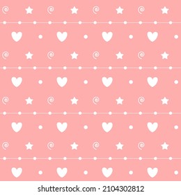 Romantic seamless pattern with a heart. Happy Valentine s Day. White hearts, dots and stars on a pink background.