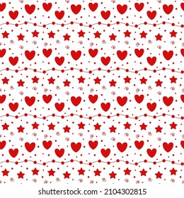 Romantic seamless pattern with a heart. Happy Valentine s Day. Red hearts, dots and stars on a white background.