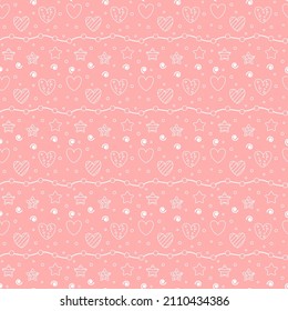 Romantic seamless pattern with a heart. Happy Valentine s Day. White outline hearts, dots and stars on a pink background.