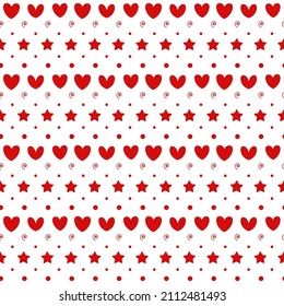 Romantic seamless pattern with a heart. Happy Valentine s Day. Red hearts, dots and stars on a white background.