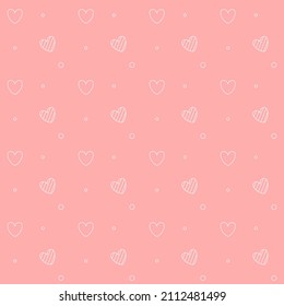 Romantic seamless pattern with a heart. Happy Valentine s Day. White outline hearts and dots on a pink background.