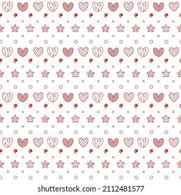 Romantic seamless pattern with a heart. Happy Valentine s Day. Red outline hearts, dots and stars on a white background.