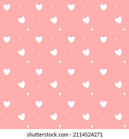 Romantic seamless pattern with a heart. Happy Valentine s Day. White hearts and dots on a pink background.