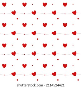 Patrón romántico sin fisuras con un corazón. Feliz Día de San Valentín. corazones rojos, puntos y líneas sobre un fondo blanco.
