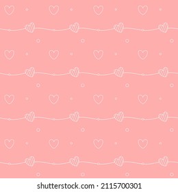 Romantic seamless pattern with a heart. Happy Valentine s Day. White outline hearts and dots on a pink background.