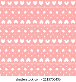 Romantic seamless pattern with a heart. Happy Valentine s Day. White hearts, dots and stars on a pink background.