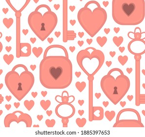 Patrón romántico sin fisuras con la llave del esqueleto en forma de corazón y bloqueo sobre el fondo blanco. Textura de diseño vectorial retro para bodas, San Valentín, tarjeta de saludo de amor y afecto. Vintage textil