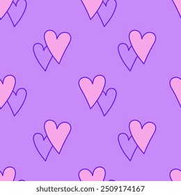 Romantic Seamless Pattern with Heart Shapes in Doodle style. Cute hand drawn coquette flirty love symbols on purple background. Repeat vector illustration