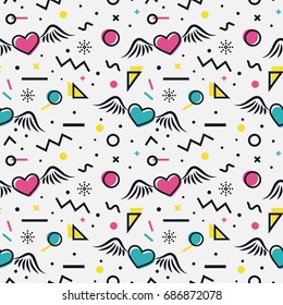Romantic seamless pattern with hearts and abstract geometric shapes in memphis style. Trendy vector background in white, blue, pink, yellow and black colors. Valentines day, love and romance themes.