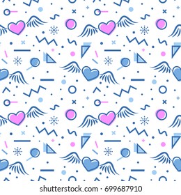 Romantic seamless pattern with hearts and abstract geometric shapes in memphis style. Trendy vector background in white, blue and pink colors. Valentines day, love and romance themes.