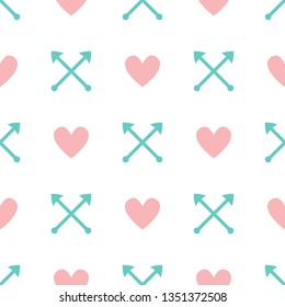 Romantic seamless pattern with hearts and arrows. Cute pastel print. Simple vector illustration.
