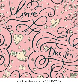 Romantic seamless pattern with hearts and birds. Cute wedding lettering in pink colors. Love and dream words. Vector valentine background.
